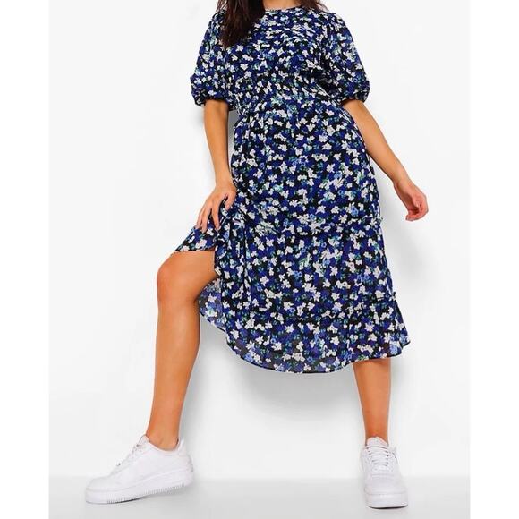 Boohoo Floral Chiffon Puff Sleeve Midi Dress Size 4 - Picture 1 of 15